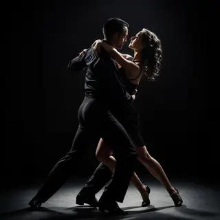 Two tango dancers in a close embrace, the man dipping the wo
