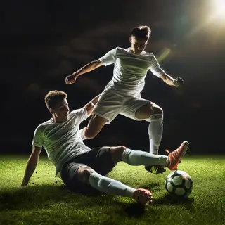 Two soccer players mid-tackle, one sliding and the other jum