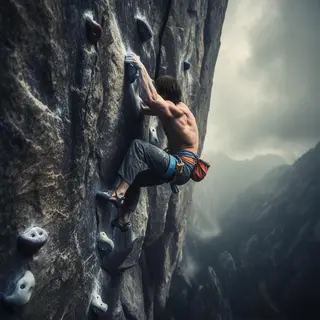 A rock climber clinging to a cliff face with arms and legs e