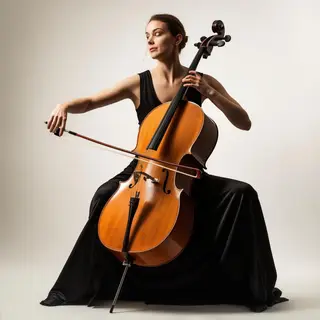 A cellist seated with correct posture, legs around the instr