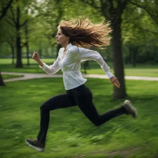 A woman mid-stride running through a park, hair and clothes 
