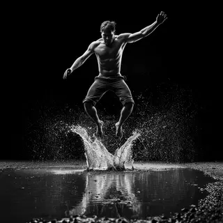A man captured mid-jump over a puddle, body in the air with 