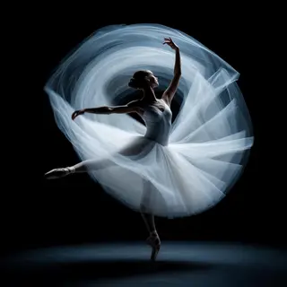 A dancer in a dynamic spin, dress flowing outward with one l