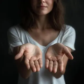 A woman holding her hands out in front of her palms-up, all 
