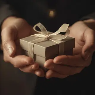 One person handing a small gift box to another person, both 