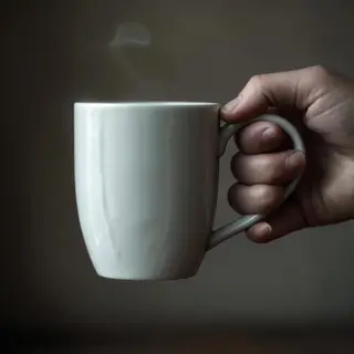 A person holding a white ceramic coffee mug by the handle wi