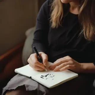 A woman writing in a notebook with a pen gripped correctly i