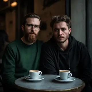 Two men at a cafe: one with a beard and glasses wearing a gr