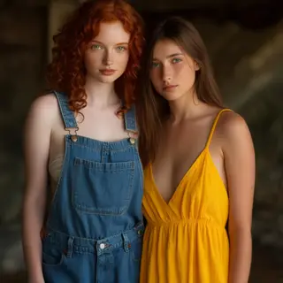 Two friends posing: one tall with curly red hair in denim ov