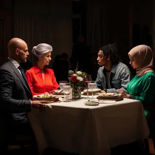 Four people at a dinner table: a bald man in a suit, a woman