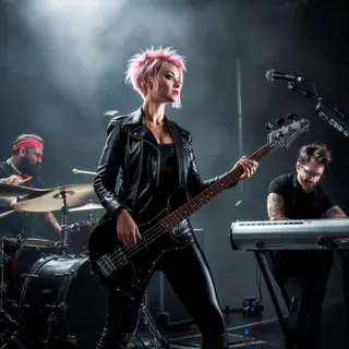 Three musicians on stage: a tall woman with short pink hair 