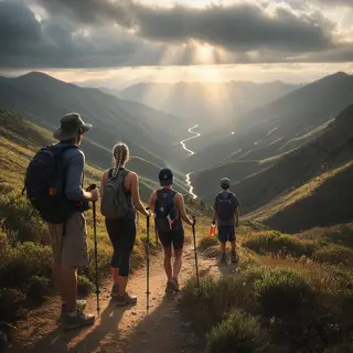 Three hikers on a trail: a man with a backpack and sunhat, a