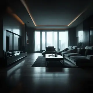 A wide-angle shot of a modern living room interior showing e