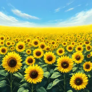 A field of pure sunflower yellow flowers under a clear blue 