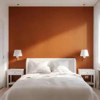 A bedroom wall painted in #FF6B35 (burnt orange) with white 
