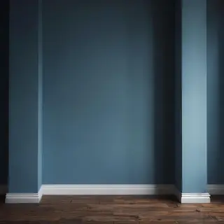 A room with walls in #4A90D9 (medium blue) with warm wooden 