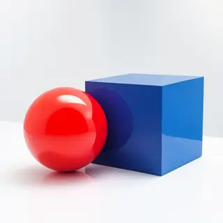 A red ball and a blue cube sitting side by side on a white s