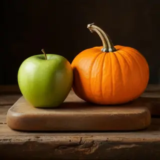 A green apple and an orange pumpkin on a wooden cutting boar