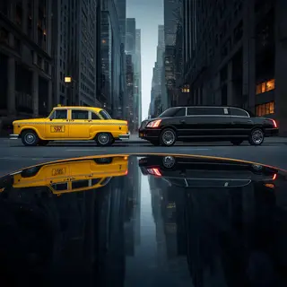 A yellow taxi and a black limousine parked next to each othe