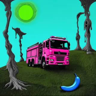 A pink fire truck, a blue banana, and a green sun in a surre