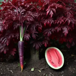 A purple carrot, a red tree with red leaves, and a white wat