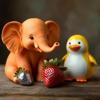 An orange elephant, a yellow penguin, and a silver strawberr