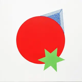 A large red circle, a small blue triangle, and a medium gree