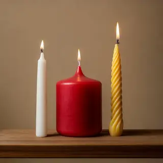 A tall thin white candle, a short fat red candle, and a medi