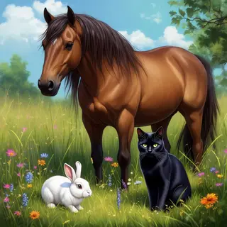 A big brown horse, a small white rabbit, and a medium-sized 