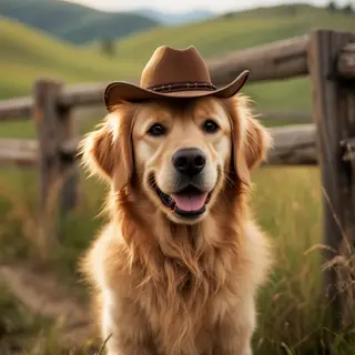 A golden retriever wearing a tiny cowboy hat