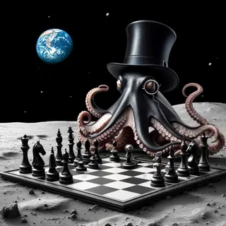An octopus wearing a top hat and monocle playing chess on th