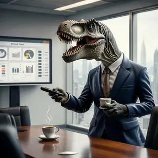 A dinosaur in a business suit giving a PowerPoint presentati
