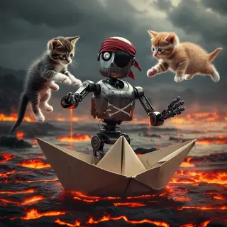 A robot dressed as a pirate sailing a paper boat on a lake o