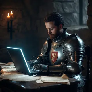 A medieval knight in full armor sitting at a desk typing on 
