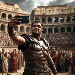 A Roman gladiator taking a selfie with a smartphone in the C