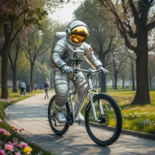 An astronaut in a spacesuit riding a bicycle through a park