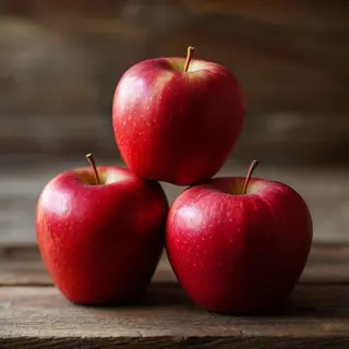 Exactly 3 red apples arranged on a wooden table