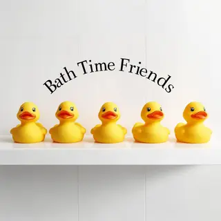 Exactly 5 yellow rubber ducks sitting in a row on a bathroom