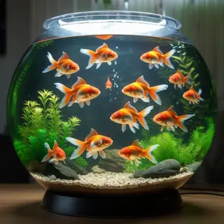Exactly 9 goldfish swimming in a large round fishbowl