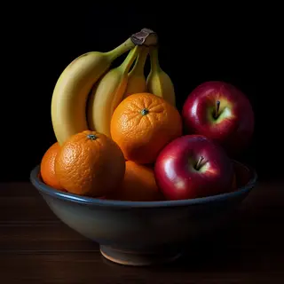 A fruit bowl containing exactly 3 bananas, 4 oranges, and 2 