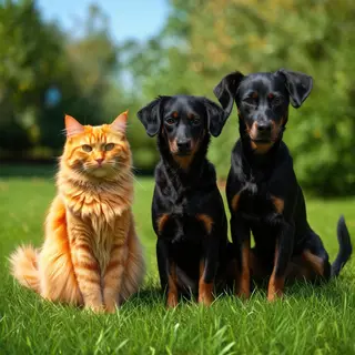 2 orange cats and 3 black dogs sitting together on a grassy 