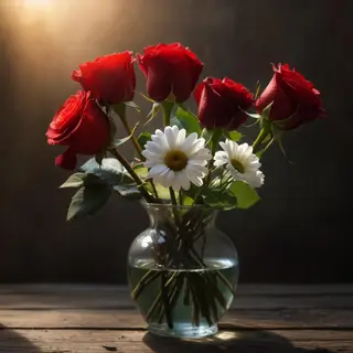 4 red roses and 2 white daisies in a glass vase on a table