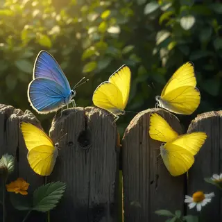 1 blue butterfly and 3 yellow butterflies resting on a garde