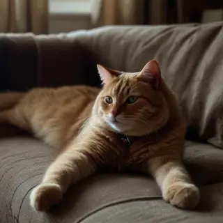 A cat lying on a couch without a collar