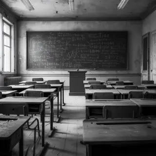 A classroom with desks and a chalkboard but no students