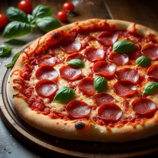 A pepperoni pizza with tomato sauce, basil, and crust but ab
