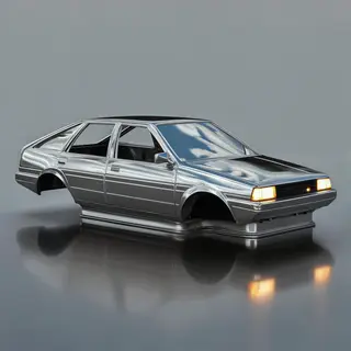 A car body with windows, doors, and headlights but no wheels