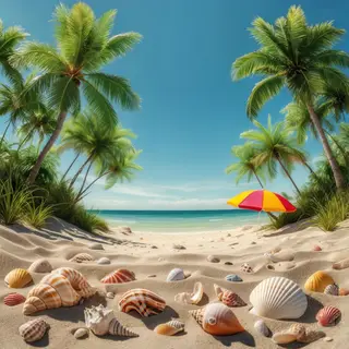 A sandy beach with palm trees, seashells, and a beach umbrel