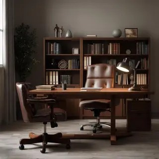 An office workspace with a desk, chair, bookshelf, and lamp 