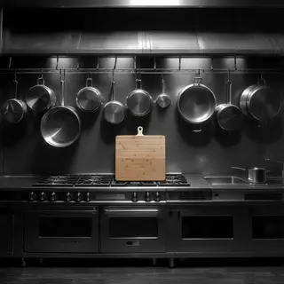 A kitchen with pots, pans, a stove, and a cutting board but 